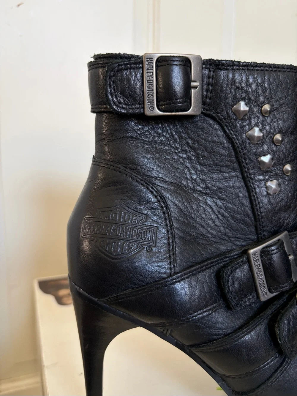 Harley-Davidson Women's Black Leather Buckle Ankle Booties with Stud Accents